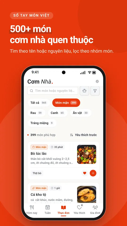 Màn Thực đơn: tìm món theo tên hoặc nguyên liệu, lọc theo nhóm món