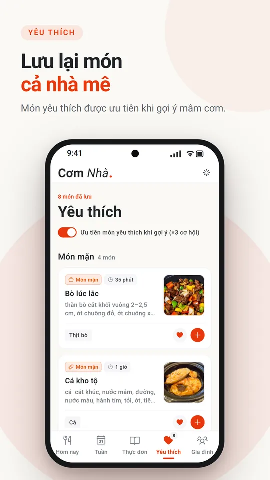 Màn Yêu thích: danh sách món đã lưu, được ưu tiên khi gợi ý mâm
